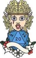 Retro Tattoo Style elf barbarian character face with natural twenty dice roll vector