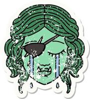 grunge sticker of a crying half orc rogue character face vector