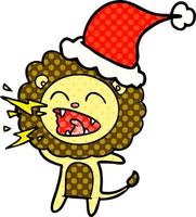 comic book style illustration of a roaring lion wearing santa hat vector