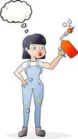 freehand drawn thought bubble cartoon woman in dungarees vector