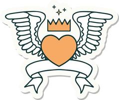 tattoo style sticker with banner of a heart with wings vector