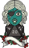 Retro Tattoo Style orc rogue character with natural twenty dice roll vector