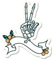 tattoo style sticker with banner of a skeleton giving a peace sign vector