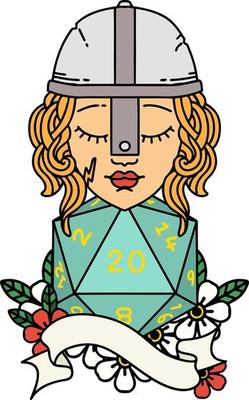 Retro Tattoo Style human fighter with natural twenty dice roll