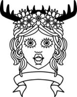 Black and White Tattoo linework Style human druid character with banner vector