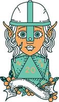 Retro Tattoo Style elf fighter character with natural twenty dice roll vector