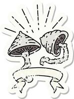 worn old sticker of a tattoo style mushrooms vector