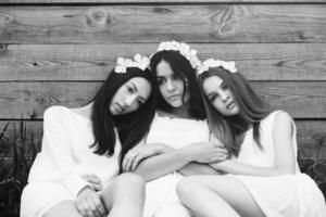 Three charming girls  near a wooden house photo