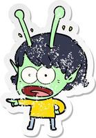 distressed sticker of a cartoon shocked alien girl vector