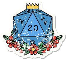 grunge sticker of a natural 20 D20 dice roll with floral elements vector