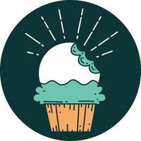 icon of a tattoo style cupcake with missing bite vector