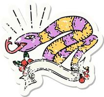 worn old sticker of a tattoo style hissing snake vector