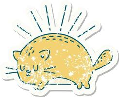 worn old sticker of a tattoo style happy cat vector