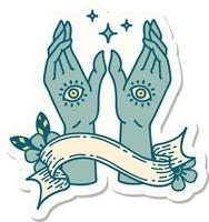 pegatina estilo tatuaje con pancarta de manos místicas vector