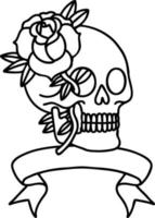 traditional black linework tattoo with banner of a skull and rose vector