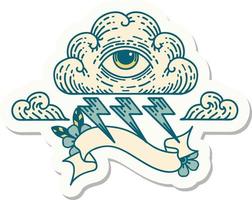 tattoo style sticker with banner of an all seeing eye cloud vector