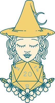 Retro Tattoo Style elf mage character with natural twenty dice roll