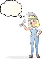 freehand drawn thought bubble cartoon woman with spanner