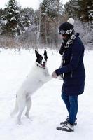 Portrait of beautiful young woman with her black and white dog on a background of winter snowy forest. photo