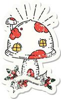 worn old sticker of a tattoo style toadstool house vector