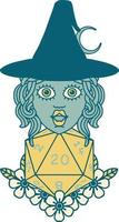 Retro Tattoo Style human witch with natural twenty dice roll vector