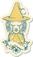 Retro Tattoo Style crying elf mage character face with natural one D20 roll vector