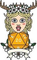 Retro Tattoo Style elf druid character with natural 20 dice roll vector