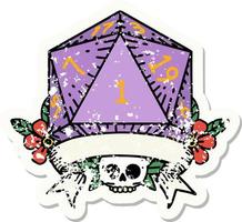 grunge sticker of a natural one d20 dice roll vector