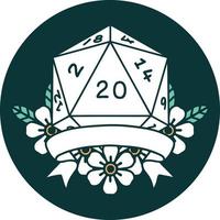 icon of natural 20 critical hit D20 dice roll vector