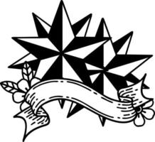 tatuaje de línea negra tradicional con pancarta de estrellas vector