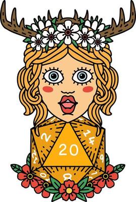 Retro Tattoo Style human druid with natural twenty dice roll