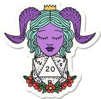 sticker of a tiefling with natural twenty d20 dice roll vector