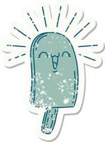 worn old sticker of a tattoo style ice lolly vector