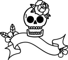 tatuaje tradicional de línea negra con pancarta de calavera y rosa vector