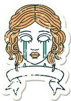 worn old sticker with banner of female face crying vector