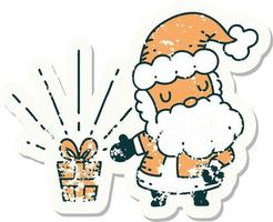 worn old sticker of a tattoo style santa claus christmas character vector