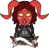 estilo de tatuaje retro tiefling con tirada natural de veinte dados vector