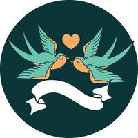 tattoo style icon with banner of swallows and a heart vector