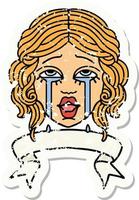 worn old sticker with banner of a very happy crying female face vector