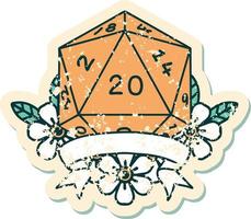 estilo de tatuaje retro natural 20 golpe crítico d20 tirada de dados vector