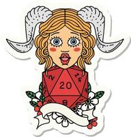 sticker of a tiefling with natural twenty dice roll vector