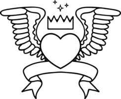 traditional black linework tattoo with banner of a heart with wings vector