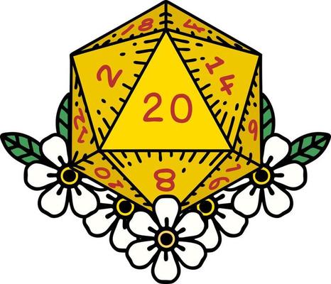 Retro Tattoo Style natural 20 D20 dice roll with floral elements