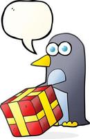 freehand drawn speech bubble cartoon penguin with christmas present vector