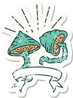 worn old sticker of a tattoo style mushrooms vector