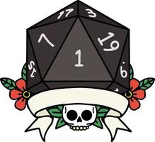 Retro Tattoo Style natural one d20 dice roll vector