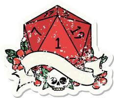 grunge sticker of a natural one d20 dice roll vector