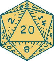 Retro Tattoo Style natural 20 D20 dice roll vector