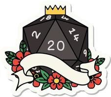 sticker of a natural twenty D20 dice roll vector