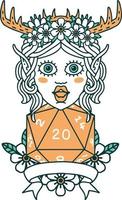 Retro Tattoo Style elf druid character with natural 20 dice roll vector